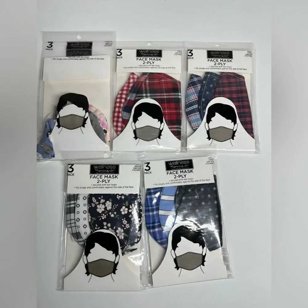 Bundle of 15 Face masks 2-ply 5 packs/ 1 kids size, 3 adult size L, 1 adults M